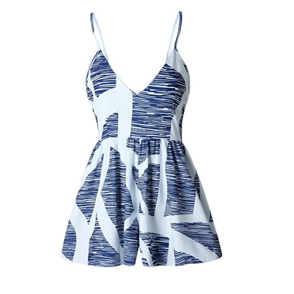 Blue & White V-Neck Romper - Picture 3 of 5